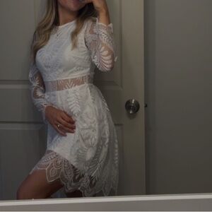 Lace overlay long sleeve dress with waist cutout